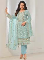 Organza Chiffon Sky Blue Party Wear Embroidery Work Straight Suit